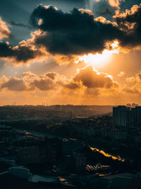 High angle view of buildings against sky during sunset