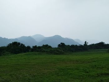Scenic view of field and mountains against clear sky