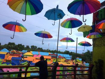 Reflection of man on umbrella in city