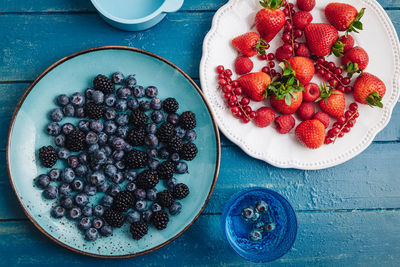 High angle view of fruits in plate on table