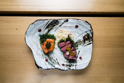 High angle view of sushi in plate on table