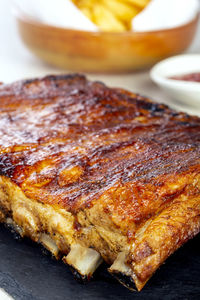 High angle view of meat in plate on table