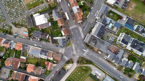 High angle view of street amidst buildings in city