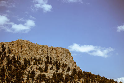 Low angle view of rocky mountain against sky