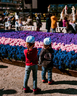 Rear view of siblings standing by flowerbed in city