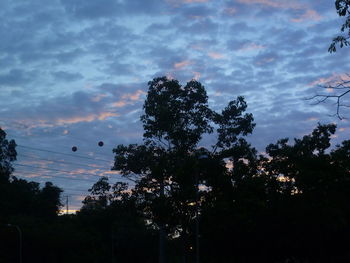 Low angle view of trees against cloudy sky