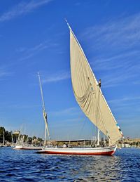 Sailboat sailing on sea against sky