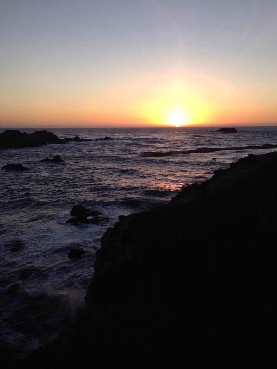 sea, water, horizon over water, sunset, scenics, tranquil scene, beauty in nature, sun, tranquility, beach, idyllic, shore, clear sky, nature, orange color, wave, sky, rock - object, copy space, seascape