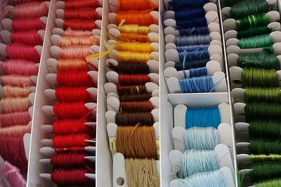Close-up of multi colored wool for sale