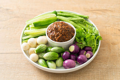 High angle view of salad in bowl on table