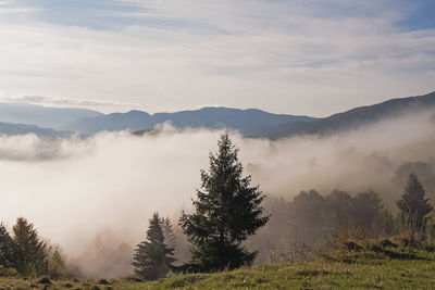 Beautiful mountain landscape. sky with clouds and fog on the hills, early morning.