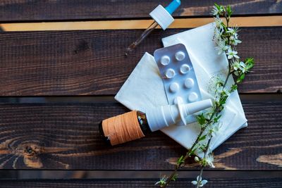 High angle view of white tied on table