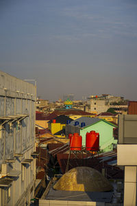 High angle view of buildings against sky