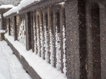 Close-up of icicles on snow covered fence