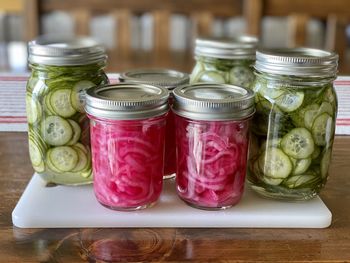 Close-up of drink in glass jar on table