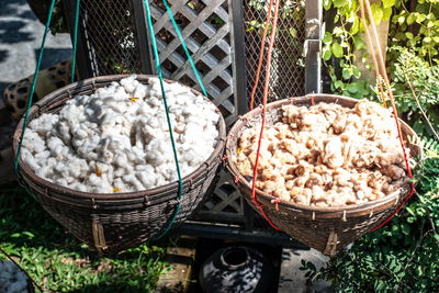 High angle view of candies in basket