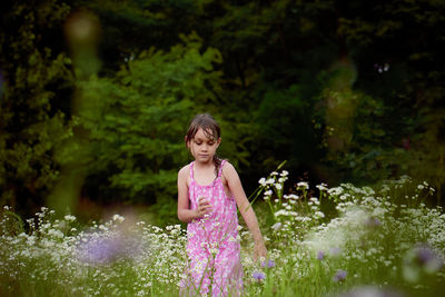 Full length of woman standing on pink plants