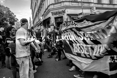 People with banners during protest on street