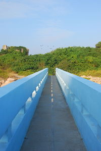 Footpath amidst trees against blue sky