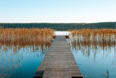 Lake baltieji lakajai in labanoras regional park, lithuania. wooden pier among blue water and reeds 