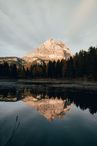 Scenic view of lake by mountains against sky