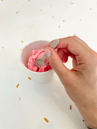 High angle view of person preparing food in bowl