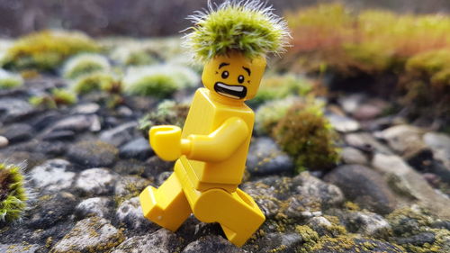 Close-up of yellow toy on rock