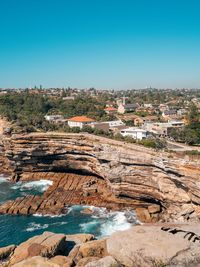 Aerial view of buildings against clear blue sky