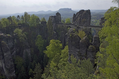 Scenic view of trees and mountains against sky