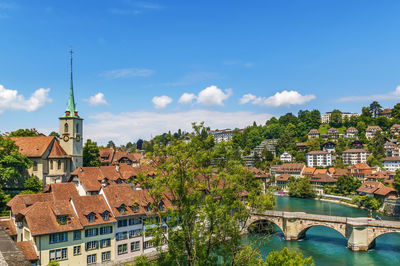 View of nydeggkirche church and aare river in bern old town, switzerland