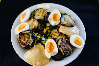 High angle view of food served on table