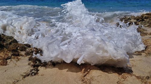 Waves splashing on rocks at beach