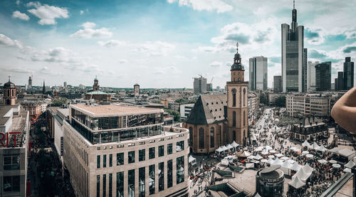 High angle view of buildings in city