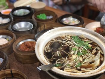 High angle view of soup in bowl on table