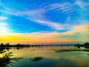 Scenic view of lake against sky at sunset