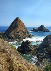 Scenic view of rocks on beach against sky