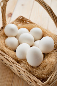 High angle view of eggs in basket on table