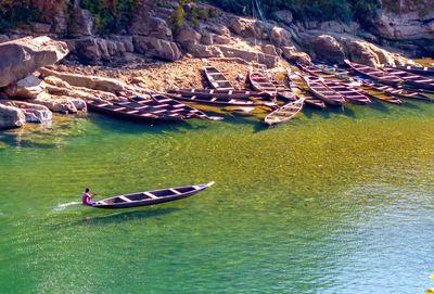 High angle view of people in river