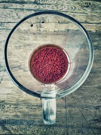 High angle view of wineglass on table