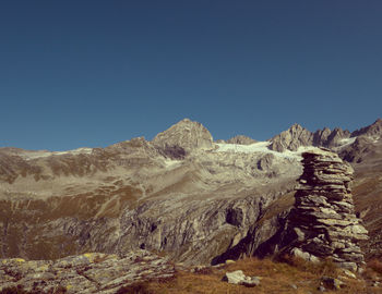 Rock formations on landscape against clear blue sky