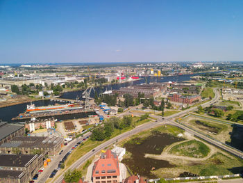 High angle view of road amidst buildings in city