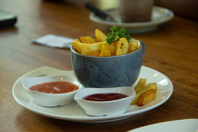 High angle view of fruits in bowl on table