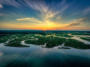 Aerial view of sea against sky during sunset