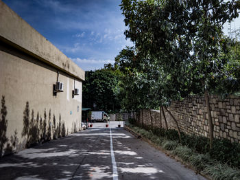 Road amidst trees and buildings against sky