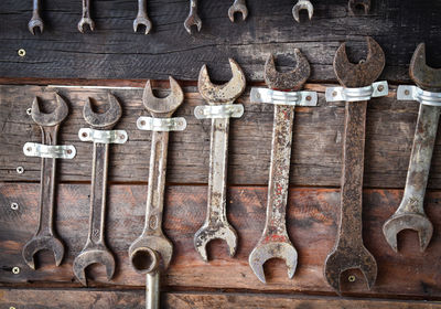 Full frame shot of hand tools hanging on wooden wall