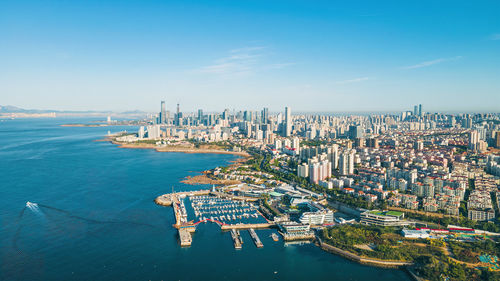 High angle view of city at waterfront