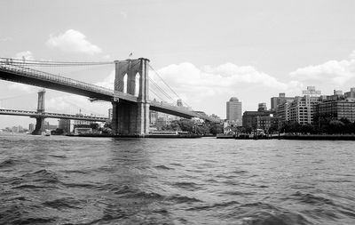 Suspension bridge over river against sky in city