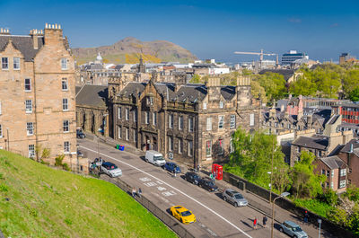 High angle view of road passing through city