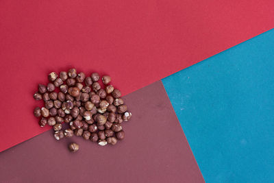Directly above shot of hazelnuts against multi colored background