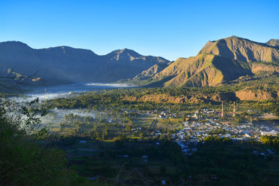 Landscape of mount rinjani national park from pergasingan hill, indonesia